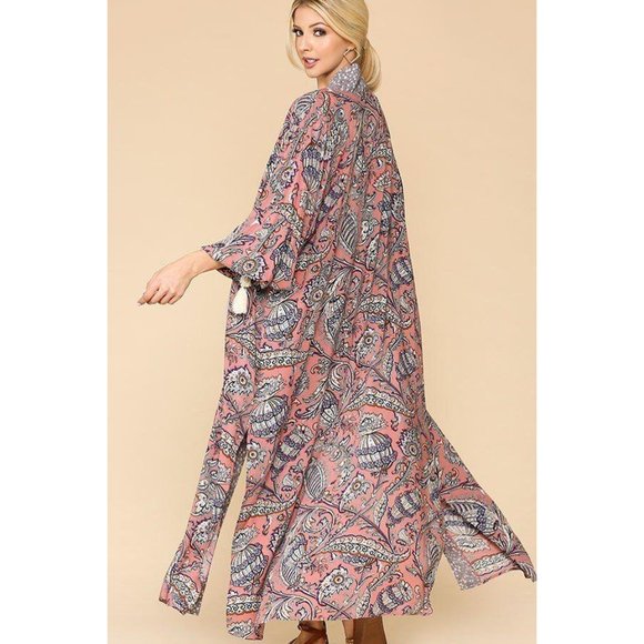 Mix-Printed Side Slit Drawstring Cuff Open Kimono Cardigan - Light Rose - Picture 4 of 4